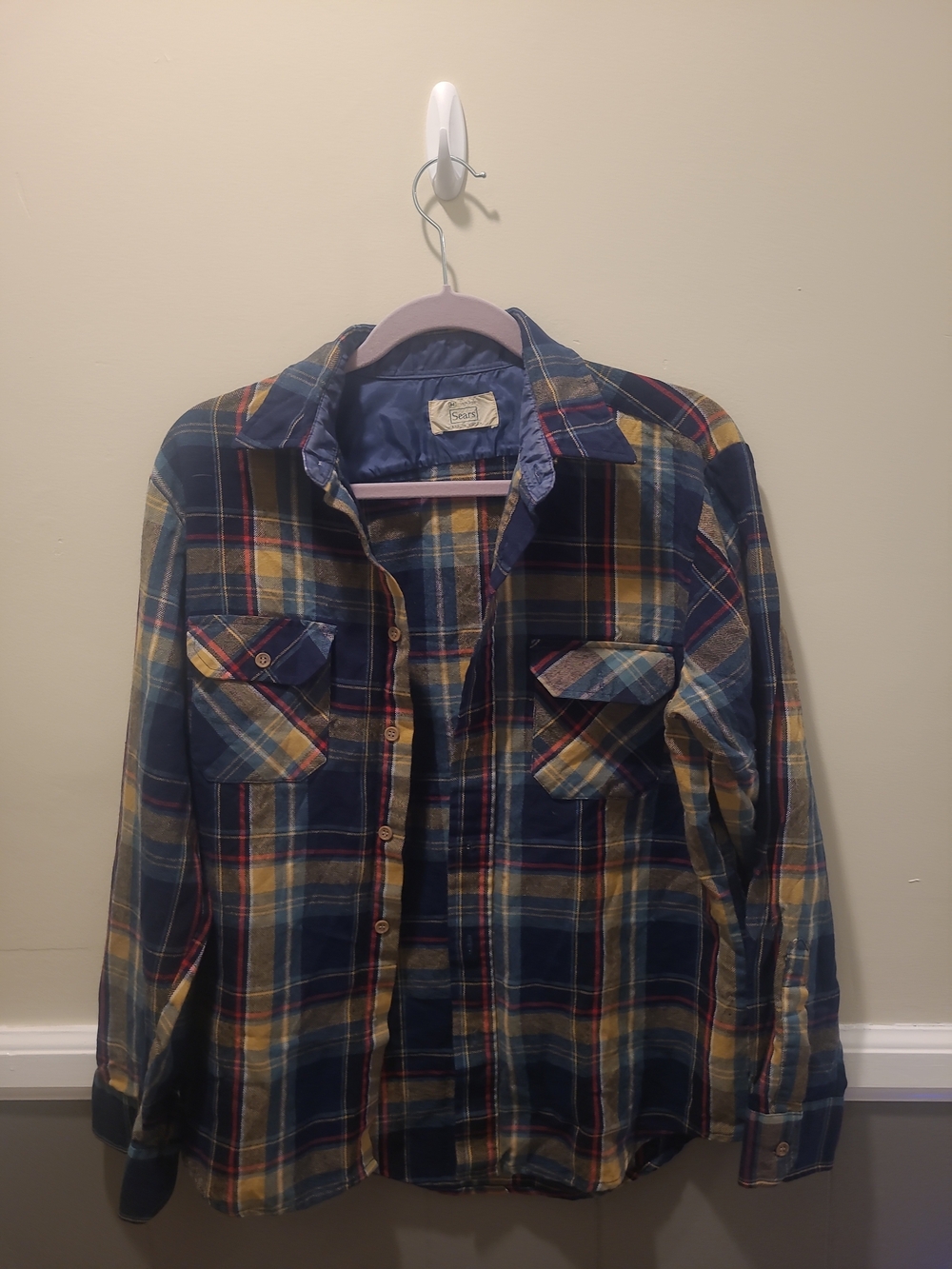 VTG Sears 1970’s Men’s Flannel Shirt Blue Plaid Lumberjack Gorpcore M FLAWS!
